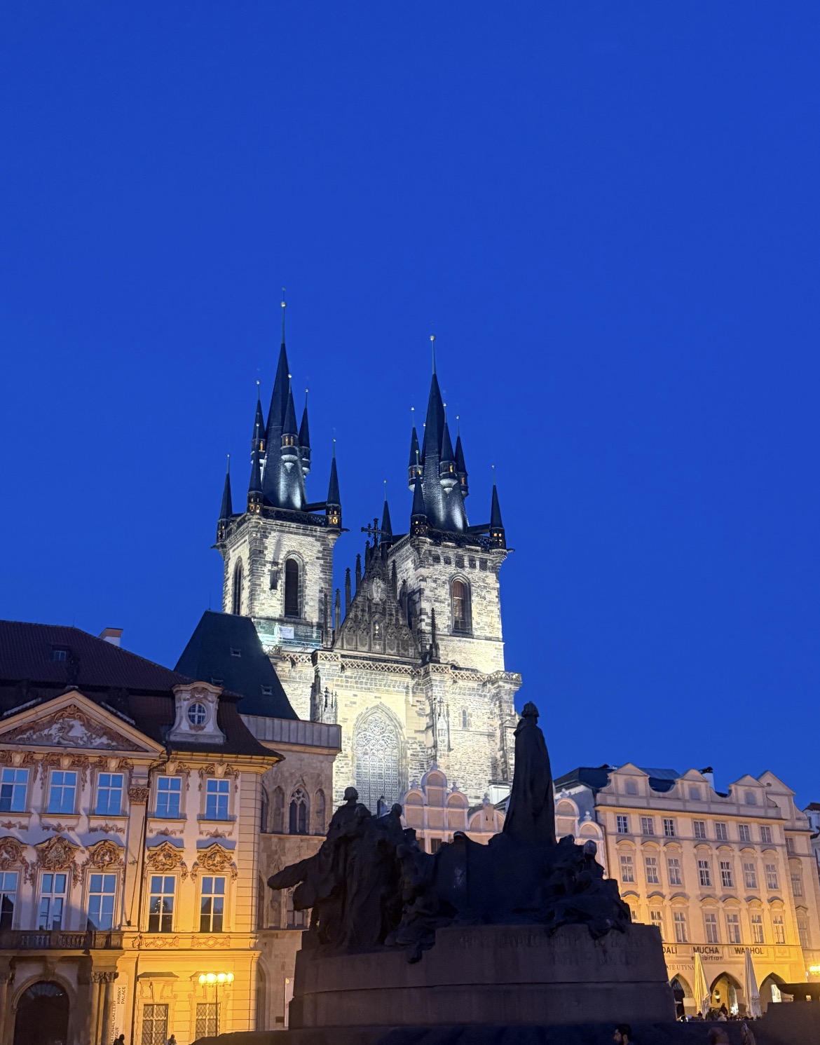 Prague's Old Town Square and Church of Our Lady before Týn at blue hour